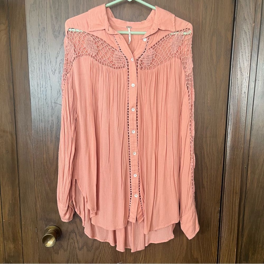 Free People Katie Bird Crochet Inset Shirt. - Picture 4 of 6